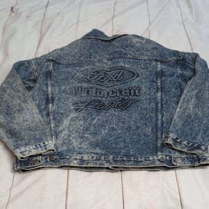 Vintage Acid Wash 80s Denim Jacket Ford Motocraft Racing size XL Made In The USA